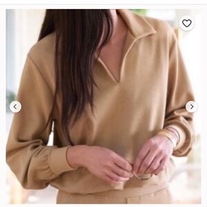 AYR WMNS COURTSIDE SWEATSHIRT POLO PULLOVER W/ elastic hem, EUC, biscuit tan SML
